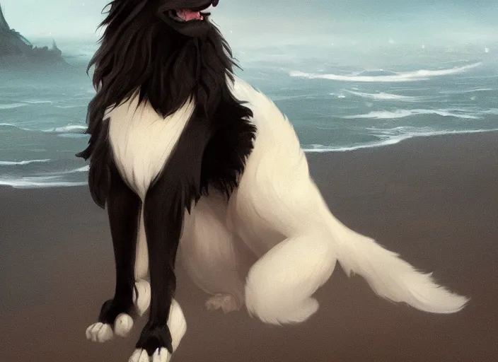 Image similar to wide angle beautiful full body portrait of a strong male anthropomorphic anthro border collie fursona in an evening gown on a pier at night, character design by charlie bowater, henry asencio, and ross tran, disney, detailed, sharp focus, matte, aesthetic, trending on artstation, furaffinity, deviantart