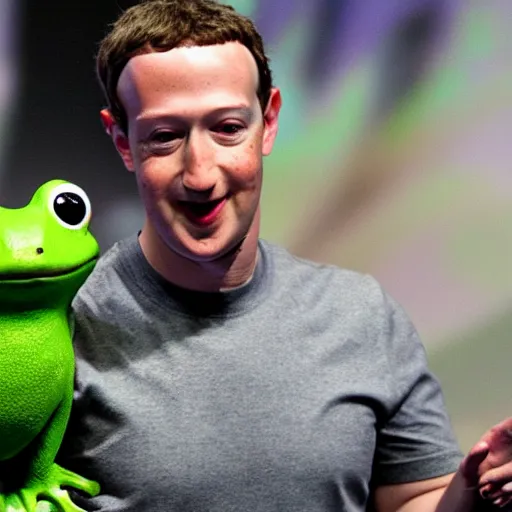 Prompt: mark zuckerberg introducing the Facebook Frog: a live frog