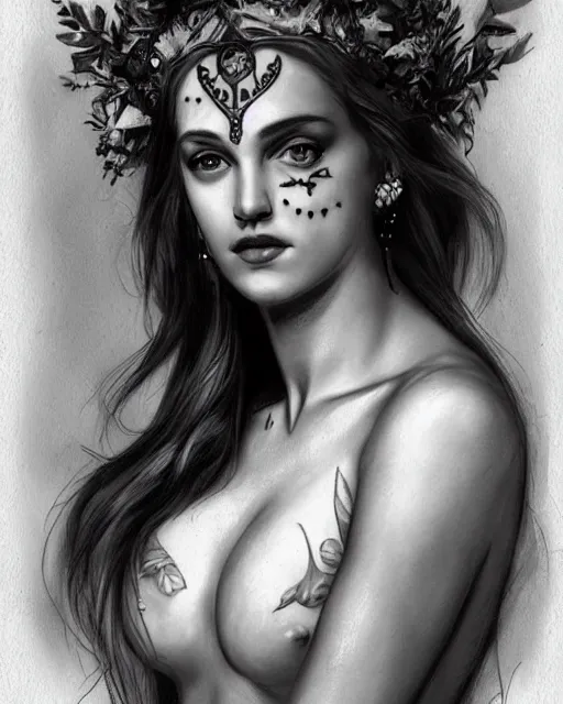 Image similar to realism tattoo sketch of mariyln monroe as a beautiful greek goddess aphrodite with piercing eyes wearing a laurel wreath and triangle earrings, in the style of greg rutkowski, amazing detail