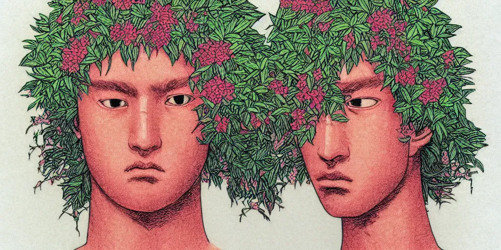 Prompt: risograph grainy drawing protagonist face, pastel colors, with huge piersing, face covered with plants and flowers, by moebius and satisho kon, close - up portrait, perfect blue, paprika