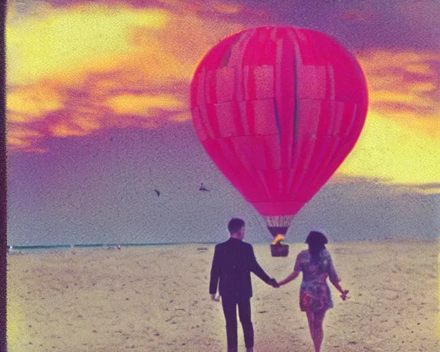 Prompt: a couple walks on the beach, thousands of multicolored hot air balloons float in the sky, violet and yellow sunset, polaroid photo, whimsical and psychedelic, 1 9 6 0 s, grainy, expired film, glitched