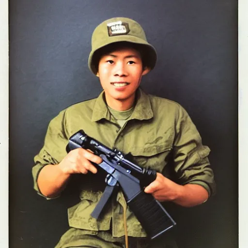 Prompt: “ a hamster holding a hamster sized m 1 6, portrait photo, vietnam war photograph, polaroid ”