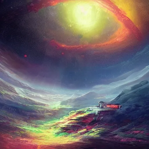 Prompt: Gorgeous concept art from a place that doesn’t exist in the future in the middle of a nebula with giant max, surreal, epic