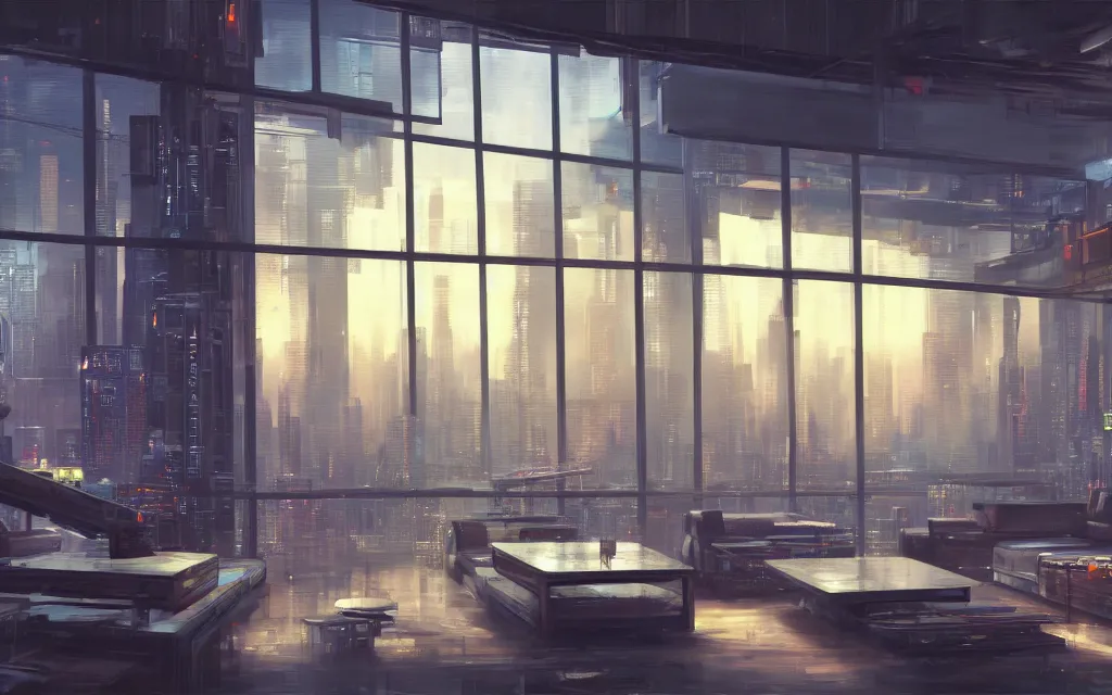 Image similar to cyberpunk loft lounge with tall windows, no people, city in background, drawn by feng zhu, sparse plants, dim painterly lighting volumetric aquatics, impasto