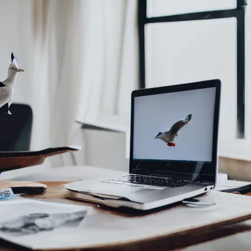 Prompt: a seagull typing at a computer in it's bedroom, close up, studio portrait