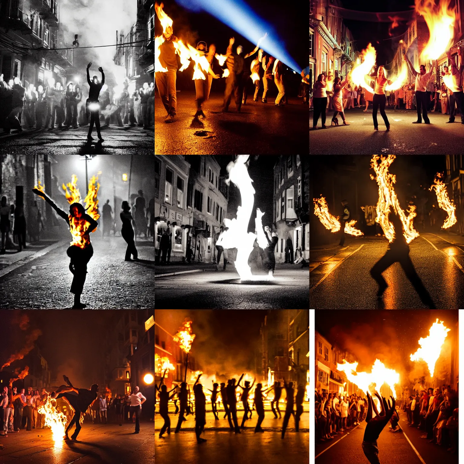 Prompt: dancing fires in a dark street, award winning photo