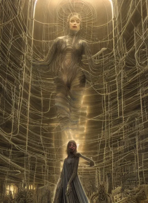 Image similar to Wanda Maximoff, dynamic pose, standing in a h.r. giger city, glowing, wires everywhere, by Edgar Maxence and Ross Tran, Zdzisław Beksiński, and Michael Whelan, distant, gustav dore, H.R. Giger, 8k, octane render