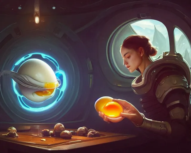 Prompt: a person with a fried egg as a head, inside a spaceship, deep focus, d & d, sci - fy, intricate, elegant, highly detailed, digital painting, artstation, concept art, matte, sharp focus, illustration, hearthstone, art by artgerm and greg rutkowski and alphonse mucha