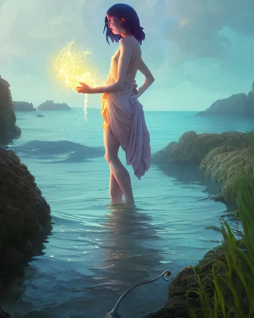 Image similar to highly detailed vfx portrait of a witch casting water magic, unreal engine, greg rutkowski, loish, rhads, beeple, makoto shinkai and lois van baarle, ilya kuvshinov, rossdraws, tom bagshaw, alphonse mucha, global illumination, detailed and intricate environment