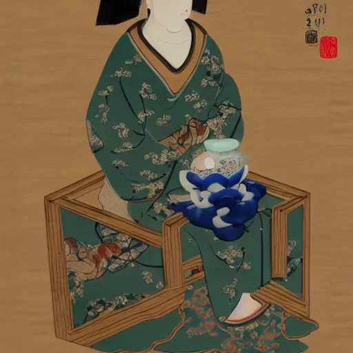 Prompt: - 1 a beautiful woman in the tang dynasty holding a vase and sitting on a white mouse, highly detailed, chinese ink painting, smooth, sharp focus uhd 8 k