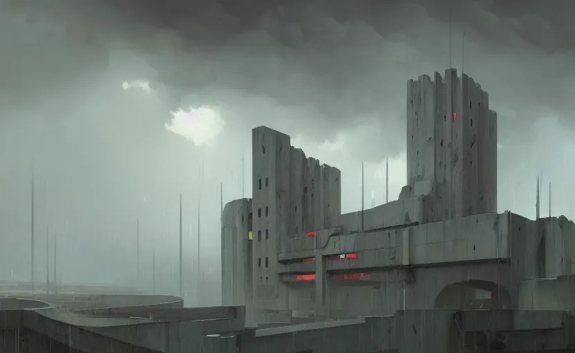 Prompt: painting of a wide angle exterior shot of a white concerete brutalist architecture stronghold modern castle with rainy and moody cinematic lighting by darek zabrocki and greg ruthkowski, alphonse mucha, simon stalenhag and cinematic and blue cold atmospheric, archillect concept art, artstation, trending on artstation