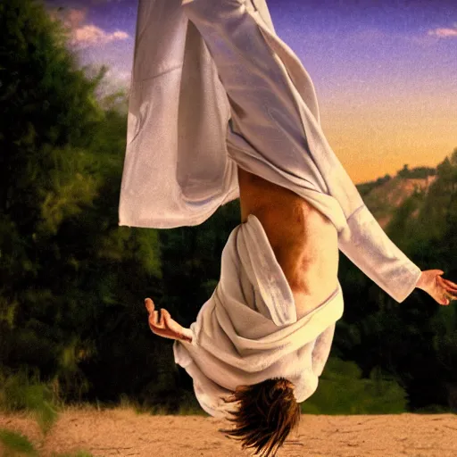 Prompt: Jesus doing a backflip, action photograph, motion blur, 8k UHD