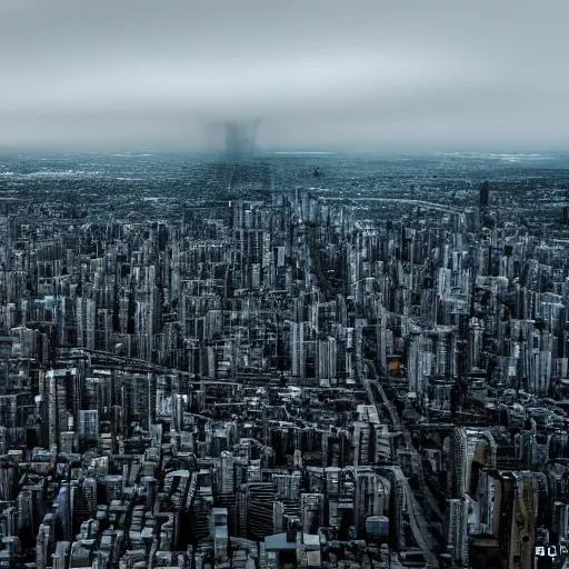 Image similar to Giant megacity looming across the landscape, dystopian, post apocalyptic, XF IQ4, f/22, ISO 200, 1/160s, 8K, RAW, unedited, symmetrical balance, in-frame