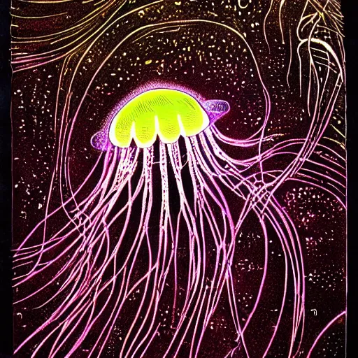 Prompt: cell shading jellyfish on black paper, vivid colours, by moebius, hiroshi yoshida, druillet