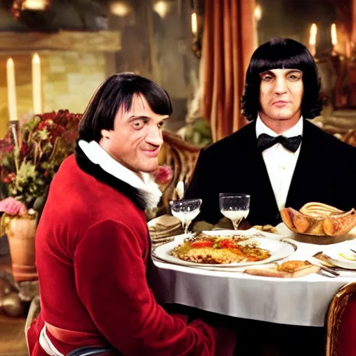 Prompt: lord farquad having a lovely dinner with sylvester stallone