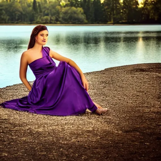 Image similar to elegant princess sitting by a lake, purple eyes, realistic, 8 k, award winning photography