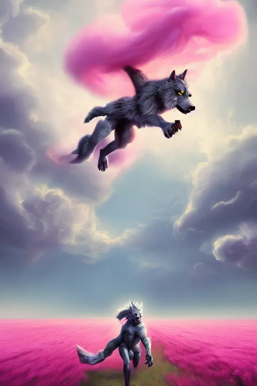 Image similar to werewolf made of cotton candy fleeing across a field of pink cotton and vegatation with storm clouds , digital art, fantasy, trending on artstation, professional illustration, cgsociety, ultra detailed, volumetric lighting, celshaded, colorful, expansive cotton field