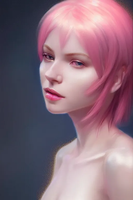 Image similar to Portrait of a beautiful pale skin Nordic female with short pink hair, elegant, photorealistic, highly detailed, artstation, smooth, sharp focus, gold ornaments, neon lighting, sci-fi, art by Klimt.