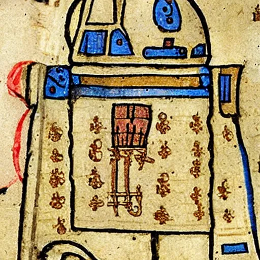 Image similar to a r 2 d 2 in a medieval manuscript, medieval manuscript, golden miniatures