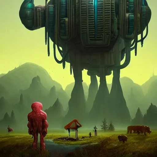 Prompt: giant creature lurking over a cowering smaller creature, in the foreground a small town, epic science fiction horror digital matte painting by Simon Stalenhag and Mark Brooks, extremely detailed, artstation