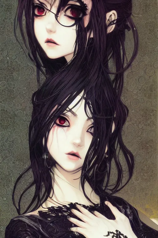 Image similar to portrait of beautiful young gothic anime maiden, cute-fine-face, pretty face, realistic shaded Perfect face, fine details. Anime, cyberpunk, Warhammer, highly detailed, artstation, illustration, art by Ilya Kuvshinov and ((((Gustav Klimt))))