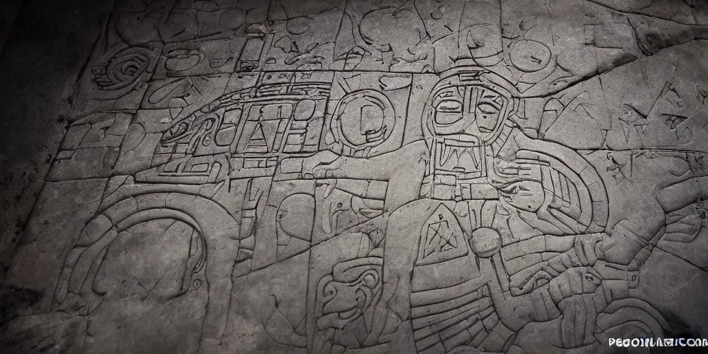 Image similar to pascal votan the space navigator as etched in stone, Mayan hieroglyph by Liam Wong and Boris Vallejo