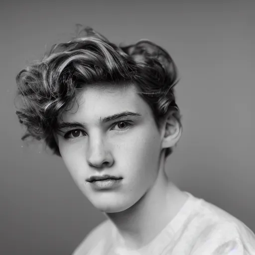 Image similar to close up of 1 8 year old man with wavy / curly light blonde hair, blue eyes, pale complexion, wearing 1 9 5 0 s clothing, 8 5 mm f / 1. 4