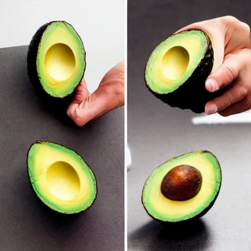Prompt: cut in half avocado with emma watsons head as the seed