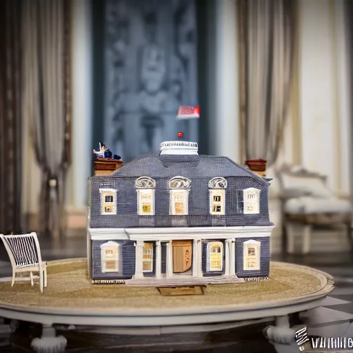 Image similar to dollhouse diorama of donald trump in the whitehouse, macro photography, canon, dslr