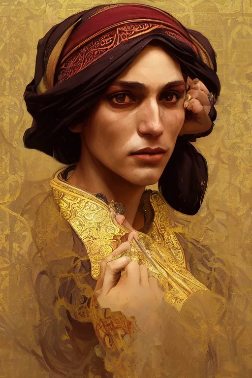 Image similar to A full portrait of an ancient Arabian spice merchant intricate, elegant, highly detailed, digital painting, artstation, concept art, smooth, sharp focus, illustration, art by Krenz Cushart and Artem Demura and alphonse mucha