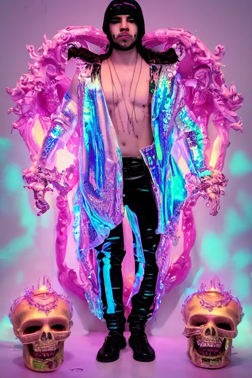 Image similar to full-body rococo and cyberpunk delicate neon crystalline sculpture of ((young muscular albino prince Joe Jonas)) as an iridescent humanoid deity wearing ((peach plastic hooded cloak)) (holding a human skull) in a white castle dungeon, reclining, glowing pink face, crown of (pink lasers), large blue diamonds, swirling black silk fabric. futuristic elements. oozing glowing liquid, full-length view. space robots. intricate artwork by caravaggio. Trending on artstation, octane render, cinematic lighting from the right, hyper realism, octane render, 8k, depth of field, 3D