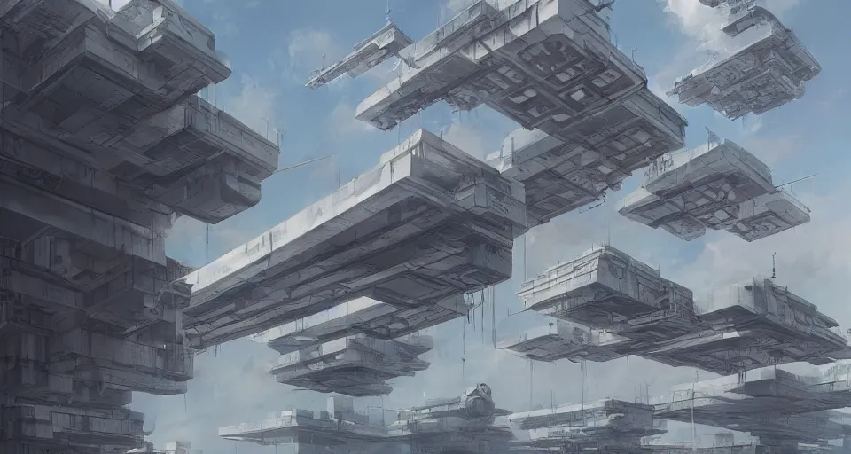 Prompt: hyper realistic concept art of sci - fi complex brutalist floating buildings in a sky, brutalist architecture, detailed art by ghibli and alejandro burdisio, trending on artstation