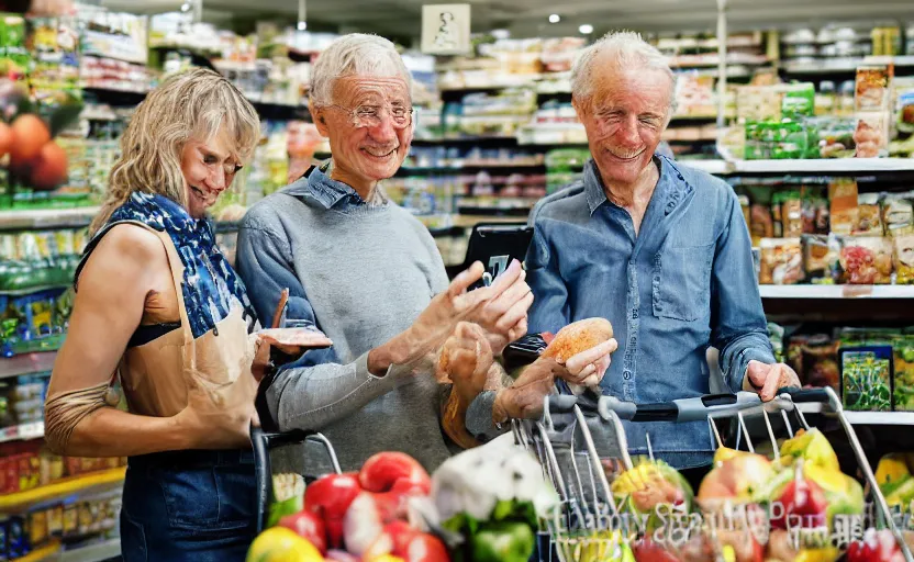 Prompt: close - up photo of old norwegian couple in a grocery shop, scanning groceries with their smartphones, holding up their smartphones, displaying qr codes, shopping carts full of groceries, long line of people in background, advertisement photo by cindy sherman