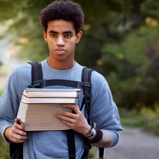 Prompt: portrait hyperrealism art realism student holding his notebooks with his backpack on