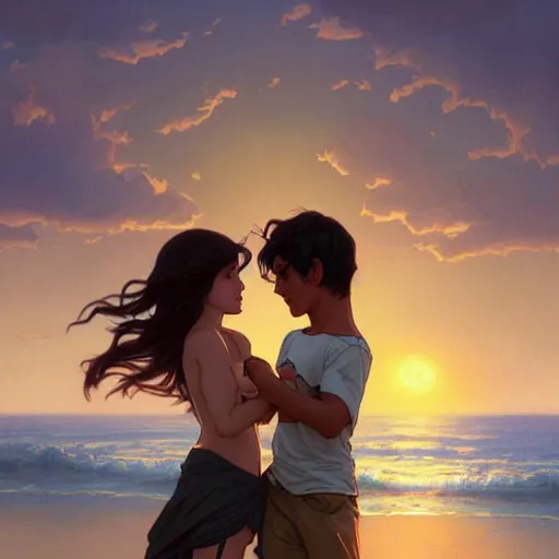 Prompt: a boy embracing an emotional girl on the beach, sunset, extremely detailed, raytracing, art by artgerm, greg rutkowski and alphonse mucha, artstation