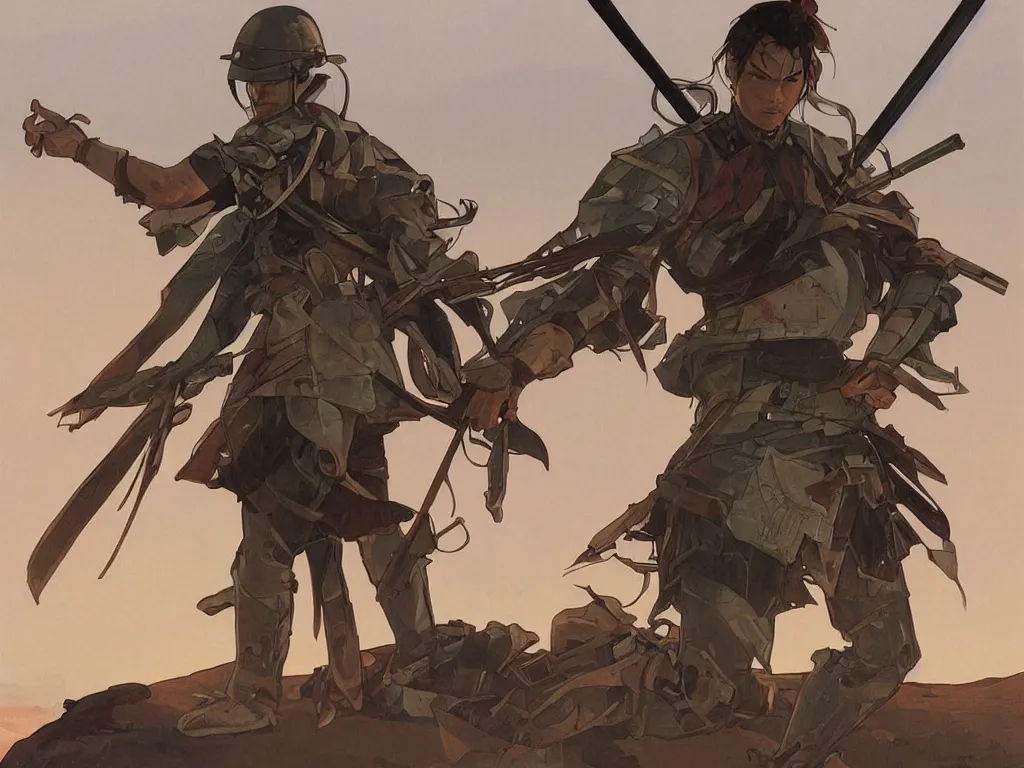 Image similar to wounded samurai in full armor on a battlefield, dusk, by fiona staples, range murata, alphonse mucha