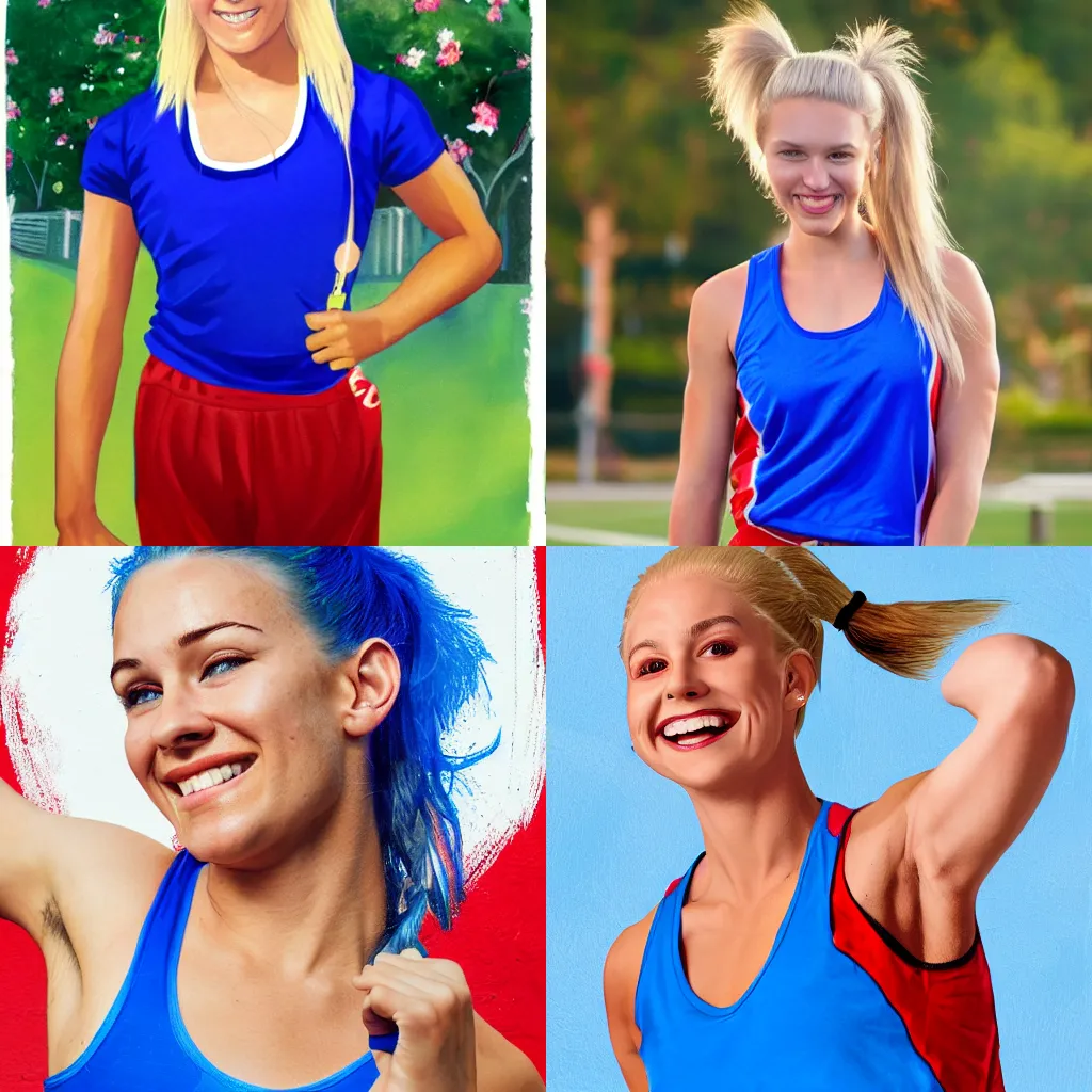 Prompt: character portrait, an athletic young woman with blonde ponytails, a happy and enthusiastic expression, wearing a red tank top and voluminous blue pants, painted by Disney