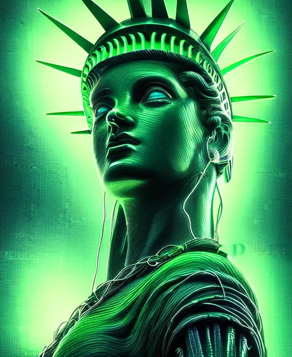 Prompt: cyberpunk statue of liberty, perfect face, symmetrical eyes, green skin, exposed wires and neon, cinematic, stunning, elegant, highly detailed, psychedelic, digital painting, artstation, smooth, hard focus, illustration, art by jessica rossier and and brian froud