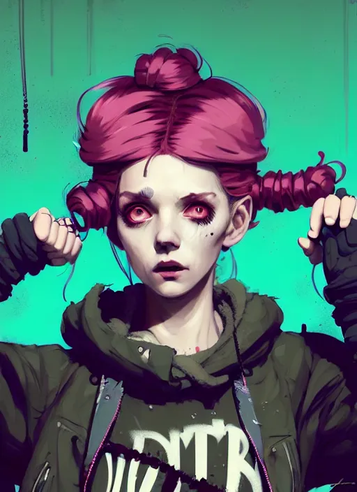 Image similar to highly detailed portrait of a sewer punk lady, tartan hoody, blonde ringlet hair by atey ghailan, by greg rutkowski, by greg tocchini, by james gilleard, by joe fenton, by kaethe butcher, gradient magenta, black, blonde cream and white color scheme, grunge aesthetic!!! ( ( graffiti tag wall background ) )