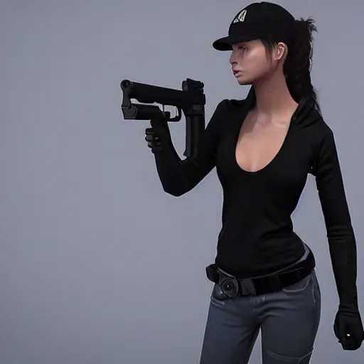 Prompt: photograph of a young woman wearing a all black clothes holding a Gun, detailed, artstation, concept art, Unreal Engine 5 render, 8K