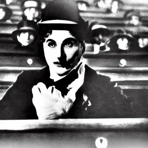 Image similar to silent film still of charlie chaplin's the tramp sitting in the audience of a movie theater, watching a superhero movie projected on the screen