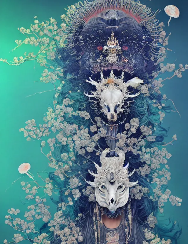 Image similar to goddess macro close - up portrait wigh crown made of ram skull. beautiful intricately detailed japanese crow kitsune mask and clasical japanese kimono. betta fish, jellyfish phoenix, bioluminiscent, plasma, ice, water, wind, creature, super intricate ornaments artwork by tooth wu and wlop and beeple and greg rutkowski