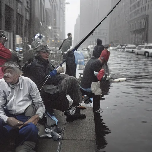 Prompt: closeup portrait of a group of fishermen trying to fish with fishing rods in between car traffic in rainy new york street, by David Lazar, natural light, detailed face, CANON Eos C300, ƒ1.8, 35mm, 8K, medium-format print