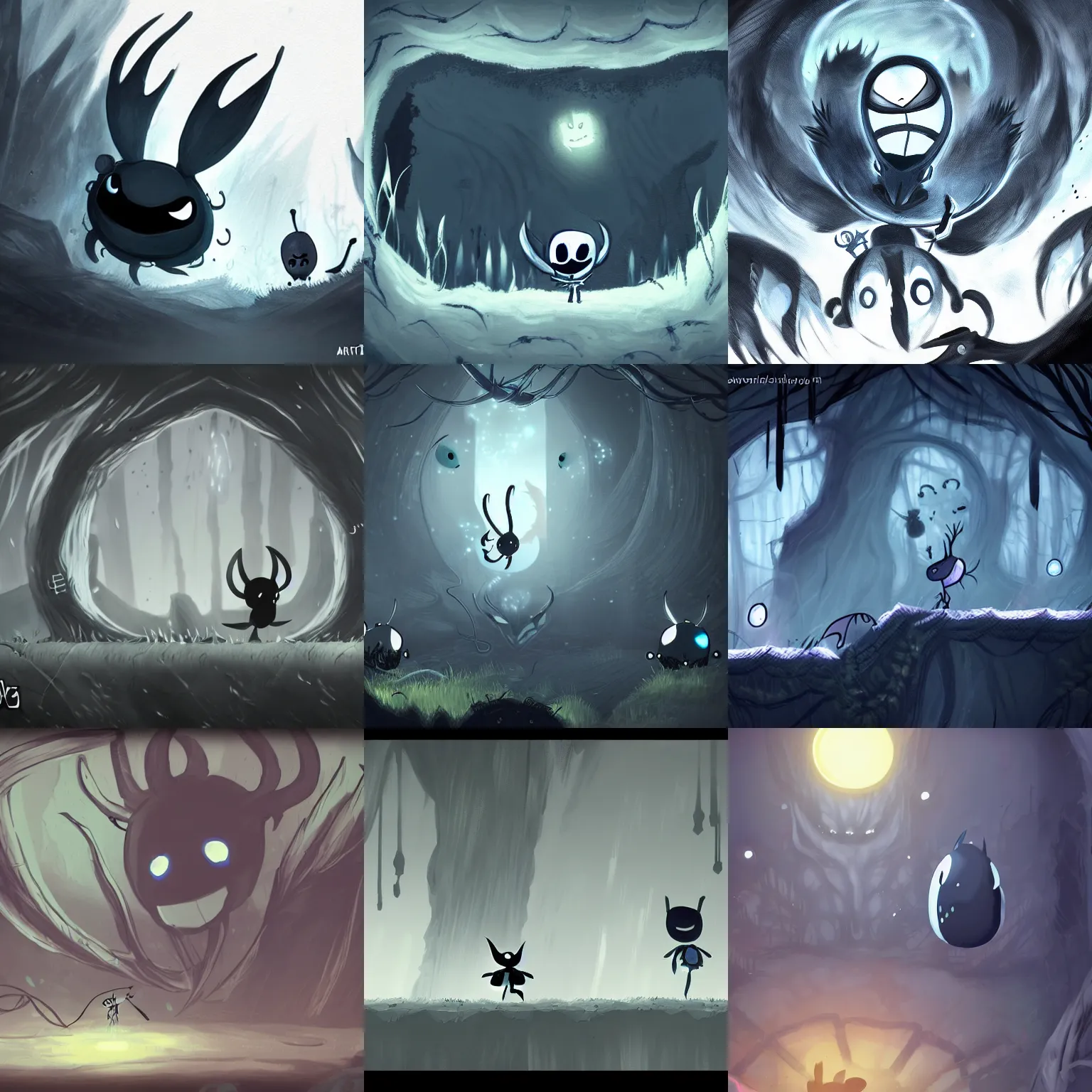 Prompt: a side scrolling video game based on fear of the unknown and inspired by fanart trending on art station of hollow knight