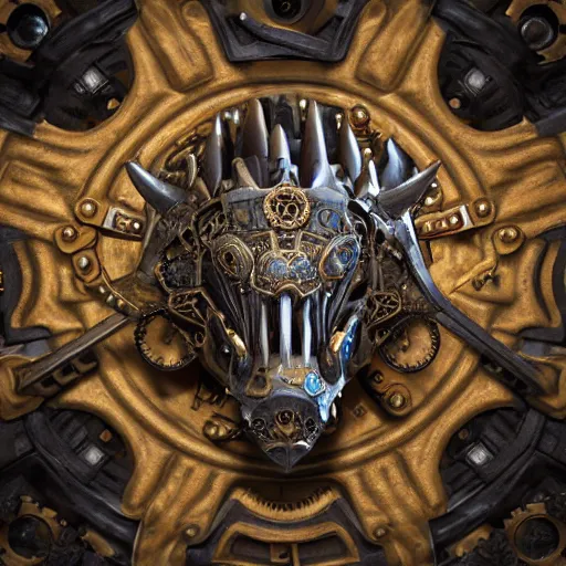 Image similar to A steampunk ornate made of engraved full plate armor and gears shaped in Styracosaurus head at the center, Macro shot by Justin Gerard, unreal engine, physically based rendering