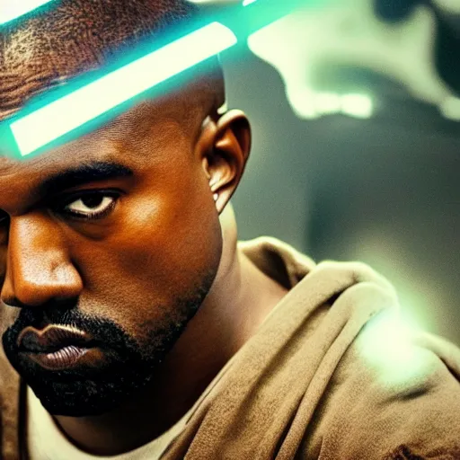 Image similar to Portrait of Kanye West as a jedi, splash art, cinematic lighting, dramatic, octane render, long lens, shallow depth of field, bokeh, anamorphic lens flare, 8k, hyper detailed, 35mm film grain