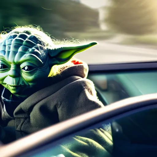 Prompt: Yoda driving a honda civid, DSLR 50mm, high quality, movie still