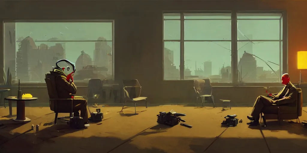 Prompt: concept art by Stan stalenhag of Agent 47 smoking a spliff!! in the lobby of a hotel. epic wide angle shot, cinematic lighting photorealistic, award winning on Artstation, hyper detailed, hyper realistic.
