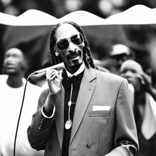 Image similar to vintage photograph of Snoop Dogg speaking at the Million Man March, Sigma 40mm, portrait, black and white