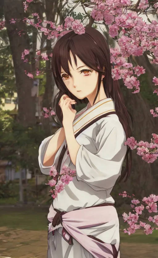 Prompt: anime style, gta 5, portrait of girl, yukata clothing, sakura tree in background, brown short hair, hair down, symmetrical facial features, from arknights, hyper realistic, sad eyes, extreme detail, 4 k drawing, safebooru, realistic lighting, by alphonse mucha, greg rutkowski, sharp focus, backlit